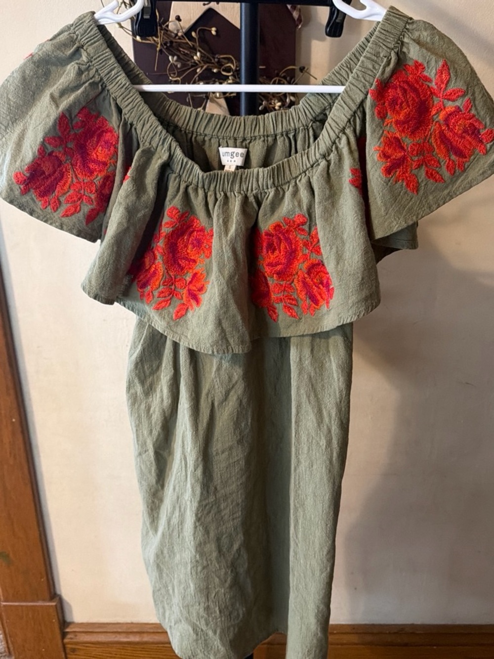 Umgee Olive Green Off-Shoulder Mini with Red Floral Embroidery